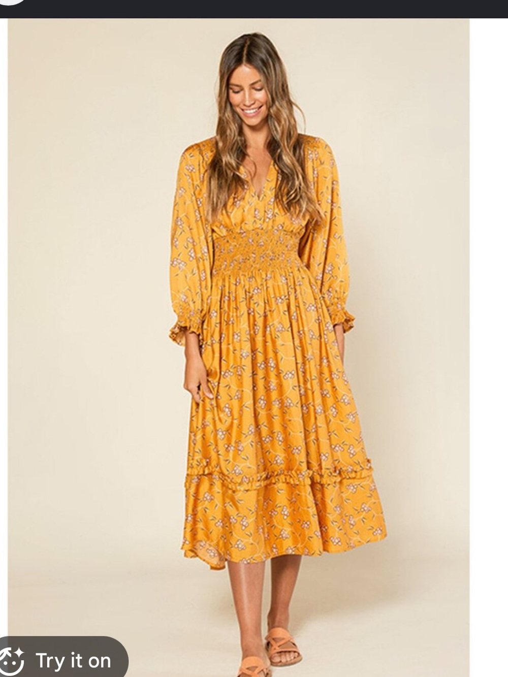Outerknown Dress - Oceana floral smocked waist midi dress marigold